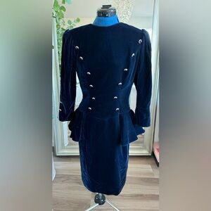 Vintage 80s Victor Costa Military Style Navy Blue Velour Peplum Party Dress